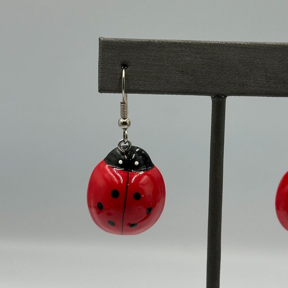 3/$30 Ladybug Dangle Earrings Red Black Spotted Insect Motif Novelty 1.5" - Picture 3 of 9